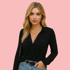 DKNY Black Long Sleeve Blouse with Chest Pockets – Size M